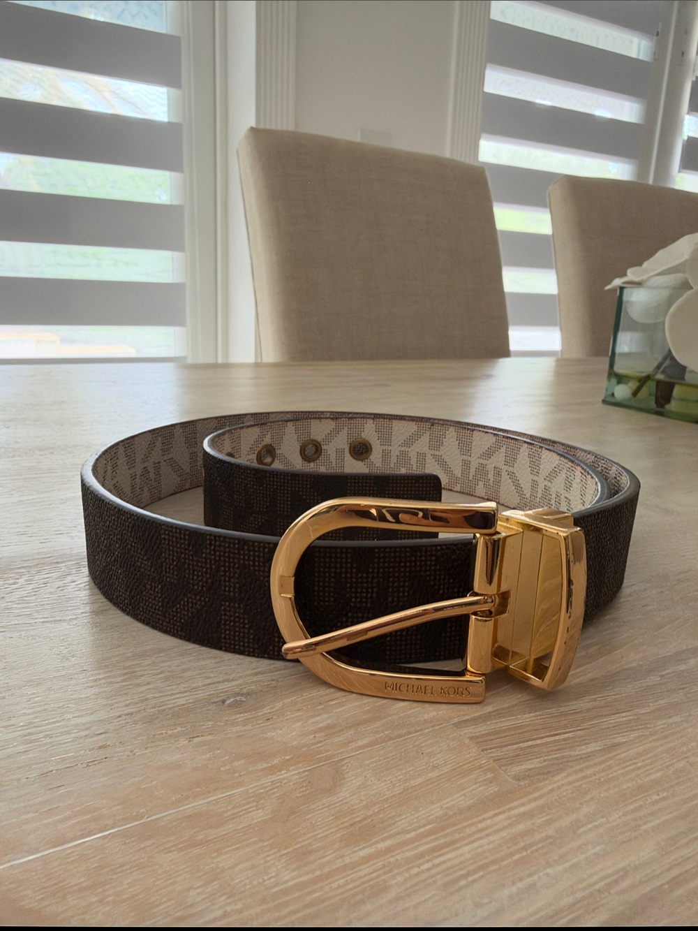 Michael Kors Dark Brown Logo Reversible Belt with Gold-Tone Buckle